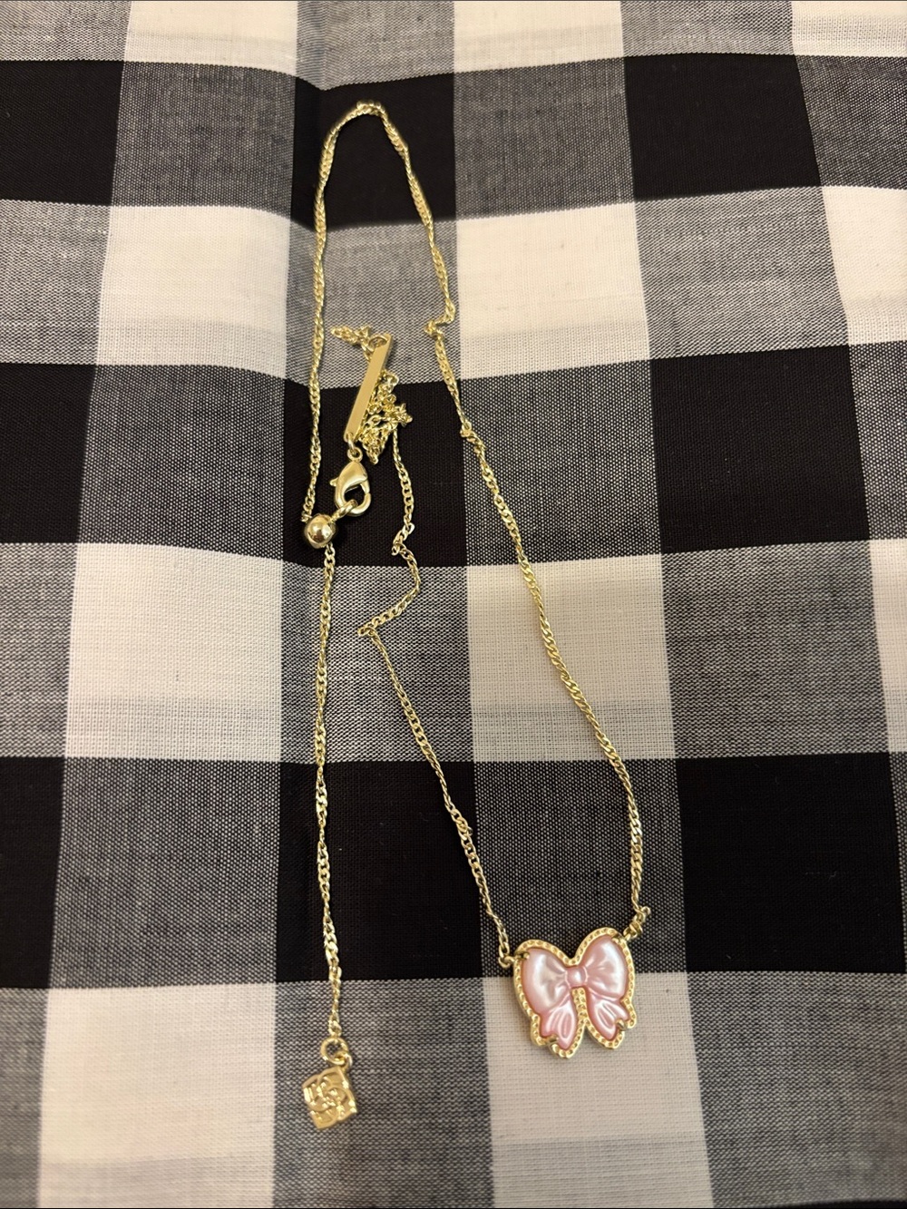 Gold Plated Necklace with Pink Enamel Bow Pendant